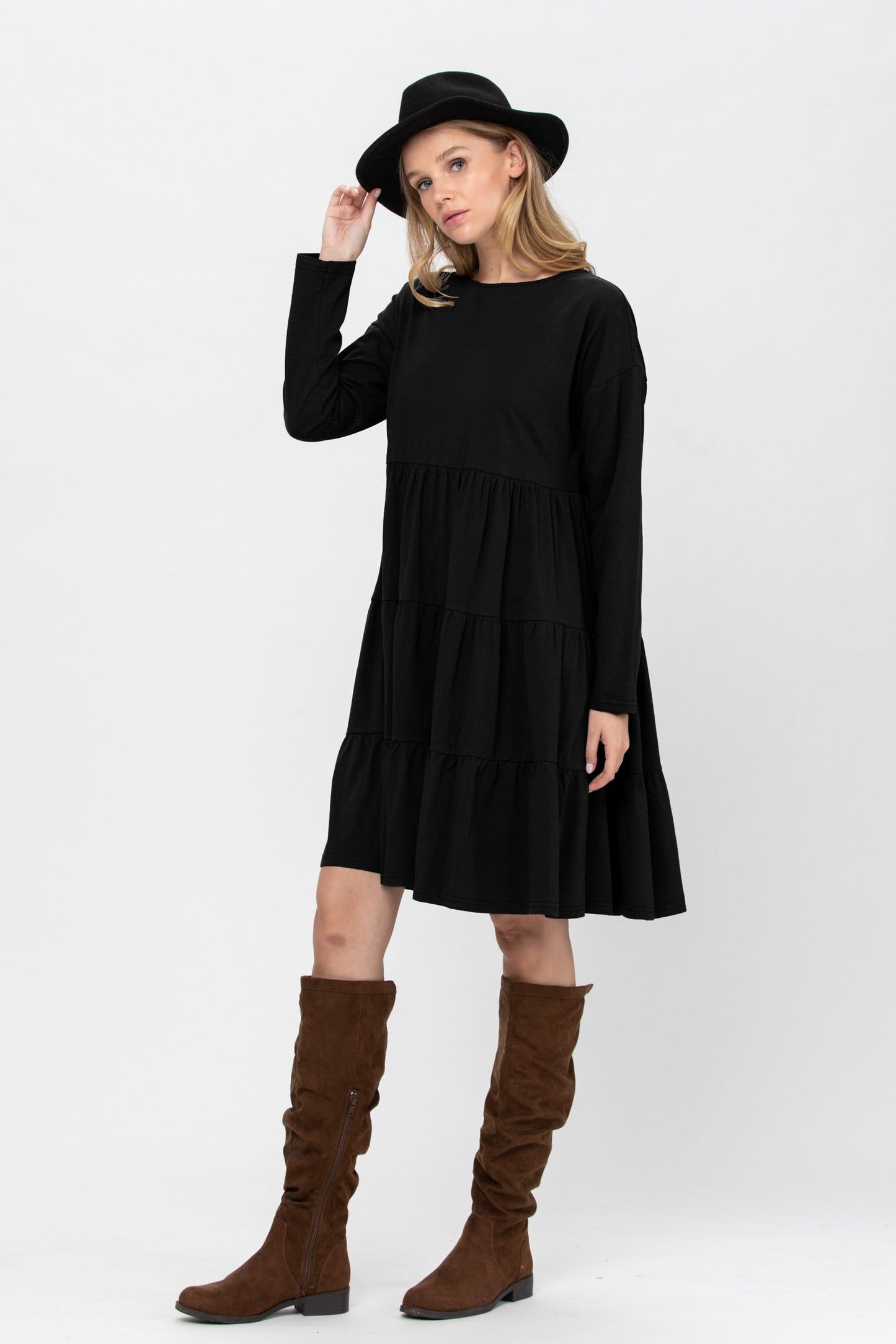 Long Sleeve 3 Tiered Casual Flared Cotton Mini Dress | Apparel | Kitchen + Metal