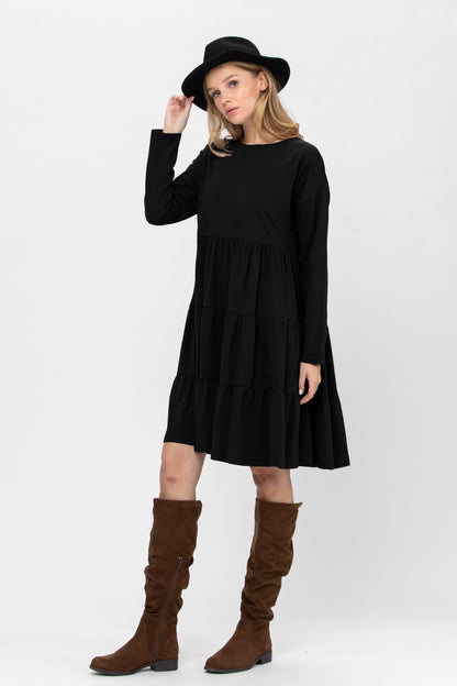 Long Sleeve 3 Tiered Casual Flared Cotton Mini Dress | Apparel | Kitchen + Metal