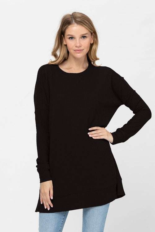 Long Sleeve Waffle Knit Sweater Round Neck Solid Color Pullover Dress | Apparel | Kitchen + Metal