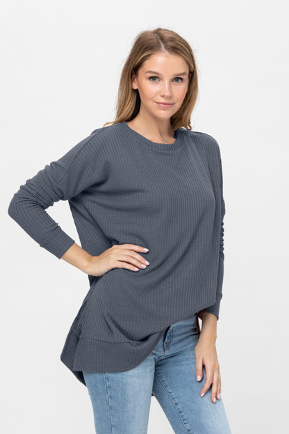 Long Sleeve Waffle Knit Sweater Round Neck Solid Color Pullover Dress | Apparel | Kitchen + Metal