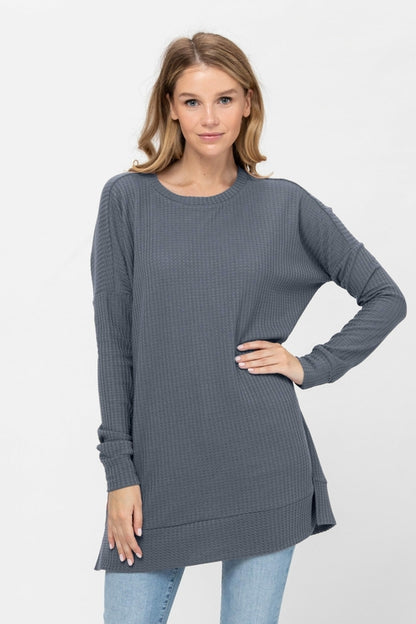 Long Sleeve Waffle Knit Sweater Round Neck Solid Color Pullover Dress | Apparel | Kitchen + Metal