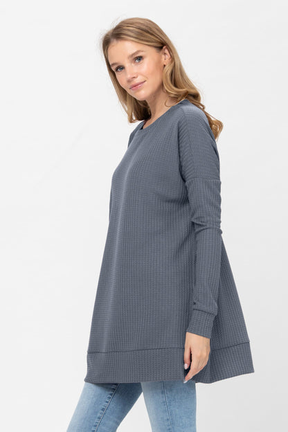 Long Sleeve Waffle Knit Sweater Round Neck Solid Color Pullover Dress | Apparel | Kitchen + Metal