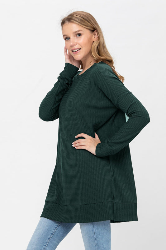 Long Sleeve Waffle Knit Sweater Round Neck Solid Color Pullover Dress | Apparel | Kitchen + Metal