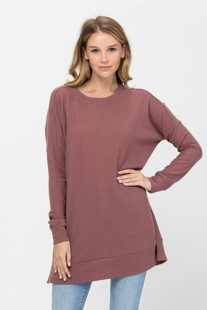 Long Sleeve Waffle Knit Sweater Round Neck Solid Color Pullover Dress | Apparel | Kitchen + Metal