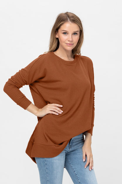 Long Sleeve Waffle Knit Sweater Round Neck Solid Color Pullover Dress | Apparel | Kitchen + Metal