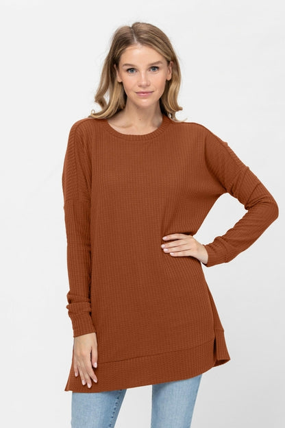 Long Sleeve Waffle Knit Sweater Round Neck Solid Color Pullover Dress | Apparel | Kitchen + Metal