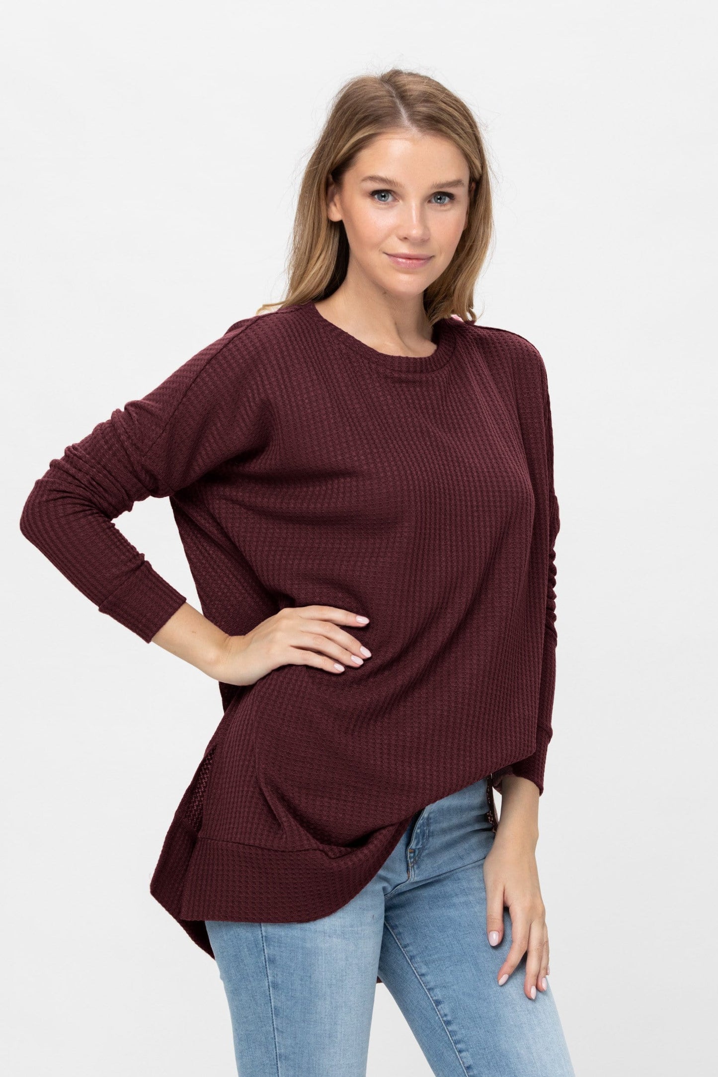 Long Sleeve Waffle Knit Sweater Round Neck Solid Color Pullover Dress | Apparel | Kitchen + Metal