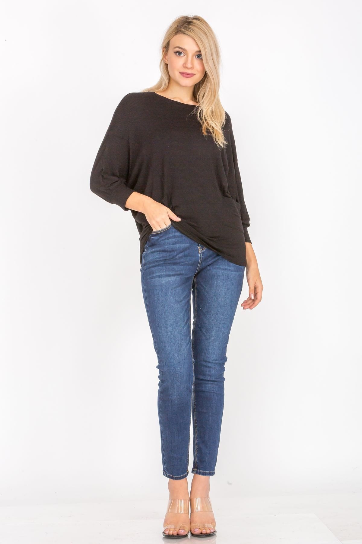 3/4 Sleeve Lightweight Ribbed Dolman Knit Batwing Blouse, Flowy, Thin | Apparel | Kitchen + Metal