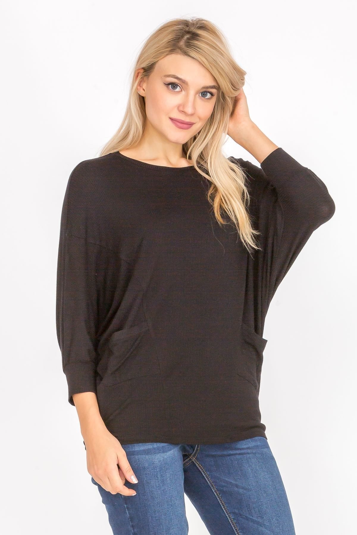3/4 Sleeve Lightweight Ribbed Dolman Knit Batwing Blouse, Flowy, Thin | Apparel | Kitchen + Metal