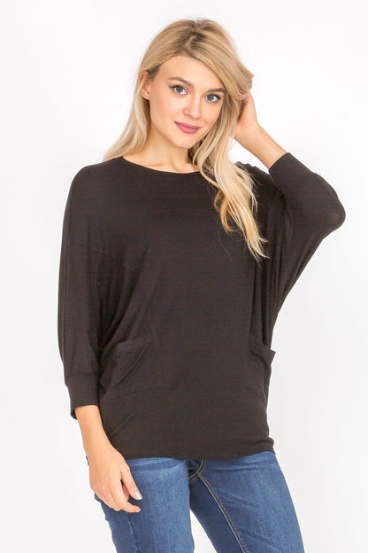 3/4 Sleeve Lightweight Ribbed Dolman Knit Batwing Blouse, Flowy, Thin | Apparel | Kitchen + Metal