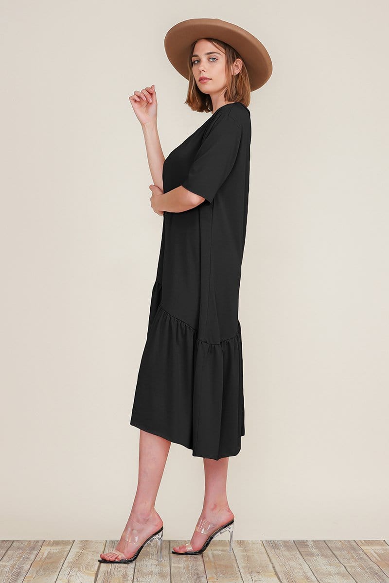 Boat Neck Short Sleeve Asymmetric Ruffle Tiered Hem Casual Loose Dress | Apparel | Kitchen + Metal
