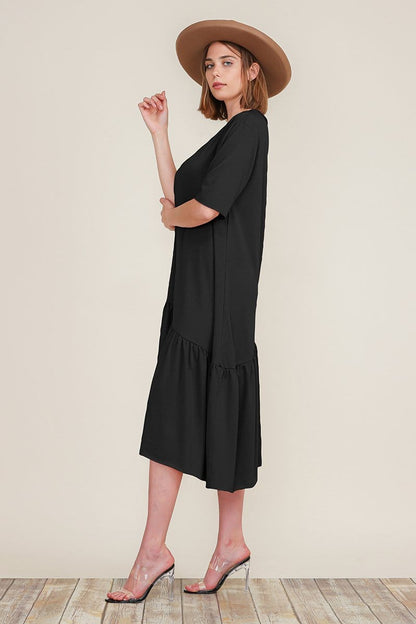 Boat Neck Short Sleeve Asymmetric Ruffle Tiered Hem Casual Loose Dress | Apparel | Kitchen + Metal