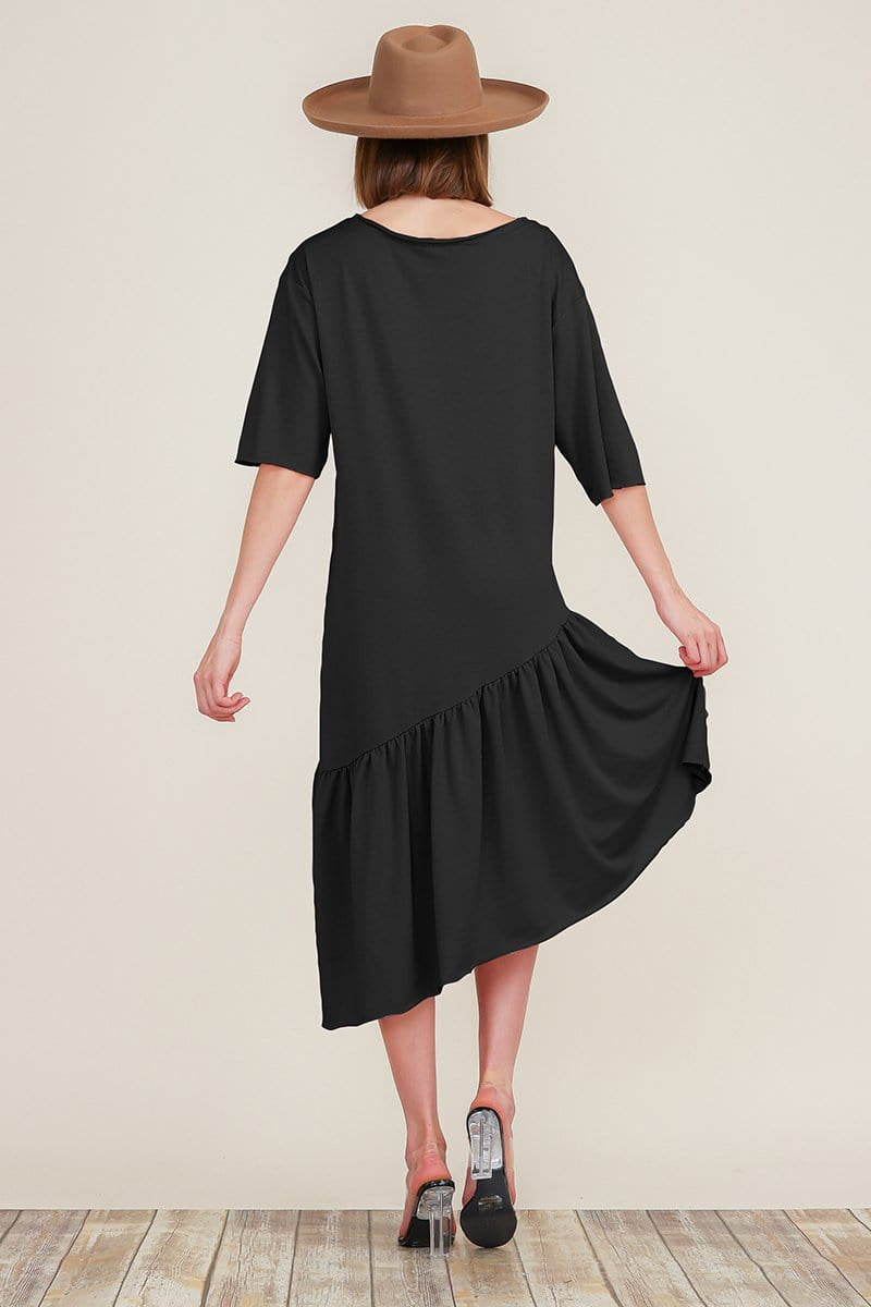 Boat Neck Short Sleeve Asymmetric Ruffle Tiered Hem Casual Loose Dress | Apparel | Kitchen + Metal
