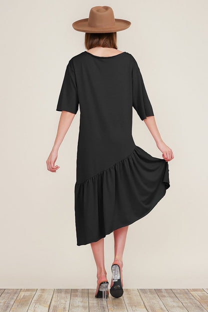 Boat Neck Short Sleeve Asymmetric Ruffle Tiered Hem Casual Loose Dress | Apparel | Kitchen + Metal