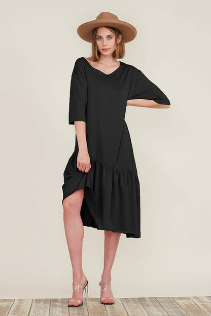 Boat Neck Short Sleeve Asymmetric Ruffle Tiered Hem Casual Loose Dress | Apparel | Kitchen + Metal