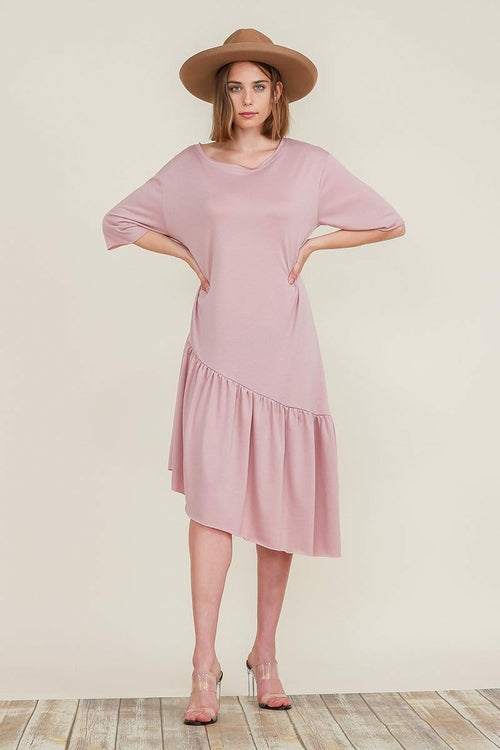 Boat Neck Short Sleeve Asymmetric Ruffle Tiered Hem Casual Loose Dress | Apparel | Kitchen + Metal