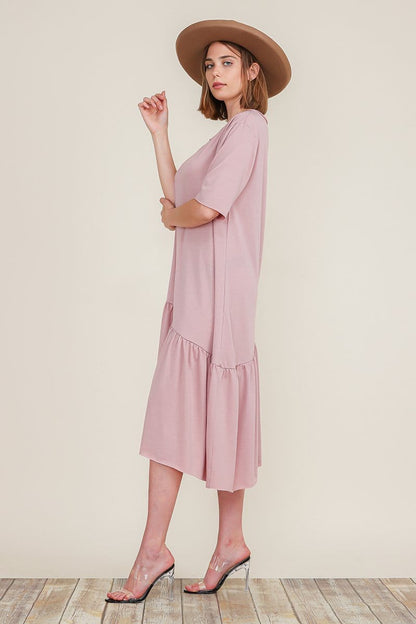 Boat Neck Short Sleeve Asymmetric Ruffle Tiered Hem Casual Loose Dress | Apparel | Kitchen + Metal