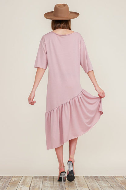 Boat Neck Short Sleeve Asymmetric Ruffle Tiered Hem Casual Loose Dress | Apparel | Kitchen + Metal