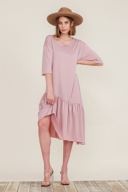 Boat Neck Short Sleeve Asymmetric Ruffle Tiered Hem Casual Loose Dress | Apparel | Kitchen + Metal