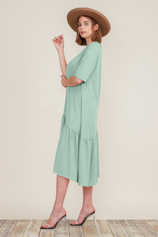 Boat Neck Short Sleeve Asymmetric Ruffle Tiered Hem Casual Loose Dress | Apparel | Kitchen + Metal