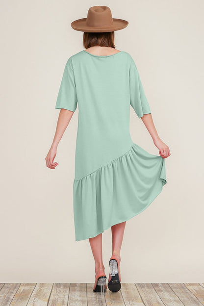 Boat Neck Short Sleeve Asymmetric Ruffle Tiered Hem Casual Loose Dress | Apparel | Kitchen + Metal