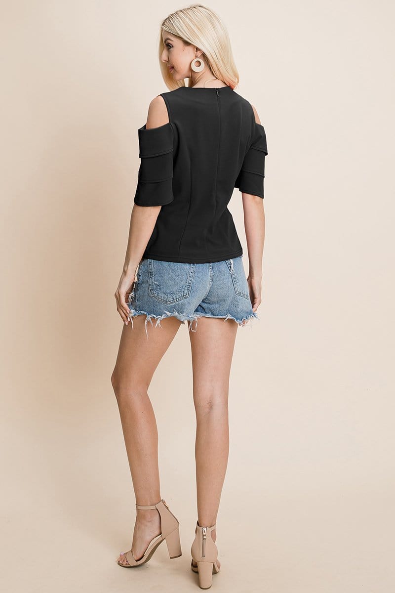 Multi Layered Flutter Short Sleeve Cold Shoulder Tops T Shirt Blouse | Apparel | Kitchen + Metal
