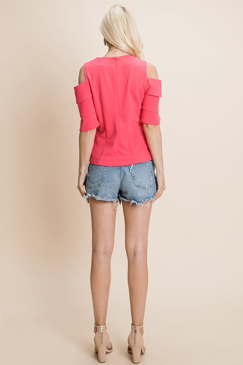 Multi Layered Flutter Short Sleeve Cold Shoulder Tops T Shirt Blouse | Apparel | Kitchen + Metal