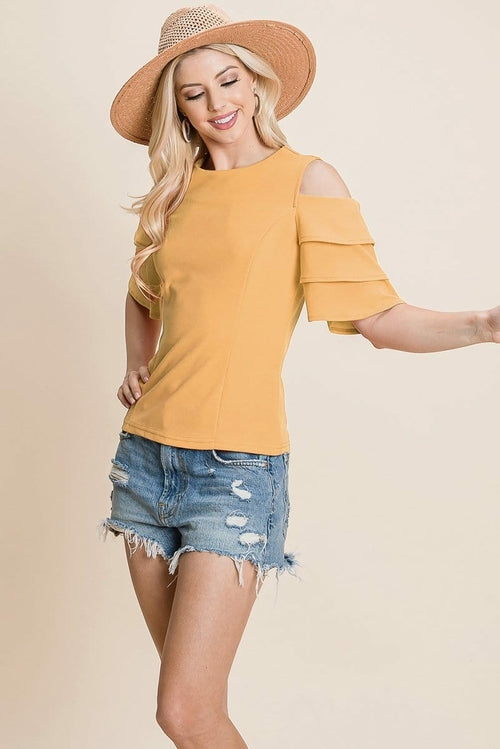 Multi Layered Flutter Short Sleeve Cold Shoulder Tops T Shirt Blouse | Apparel | Kitchen + Metal