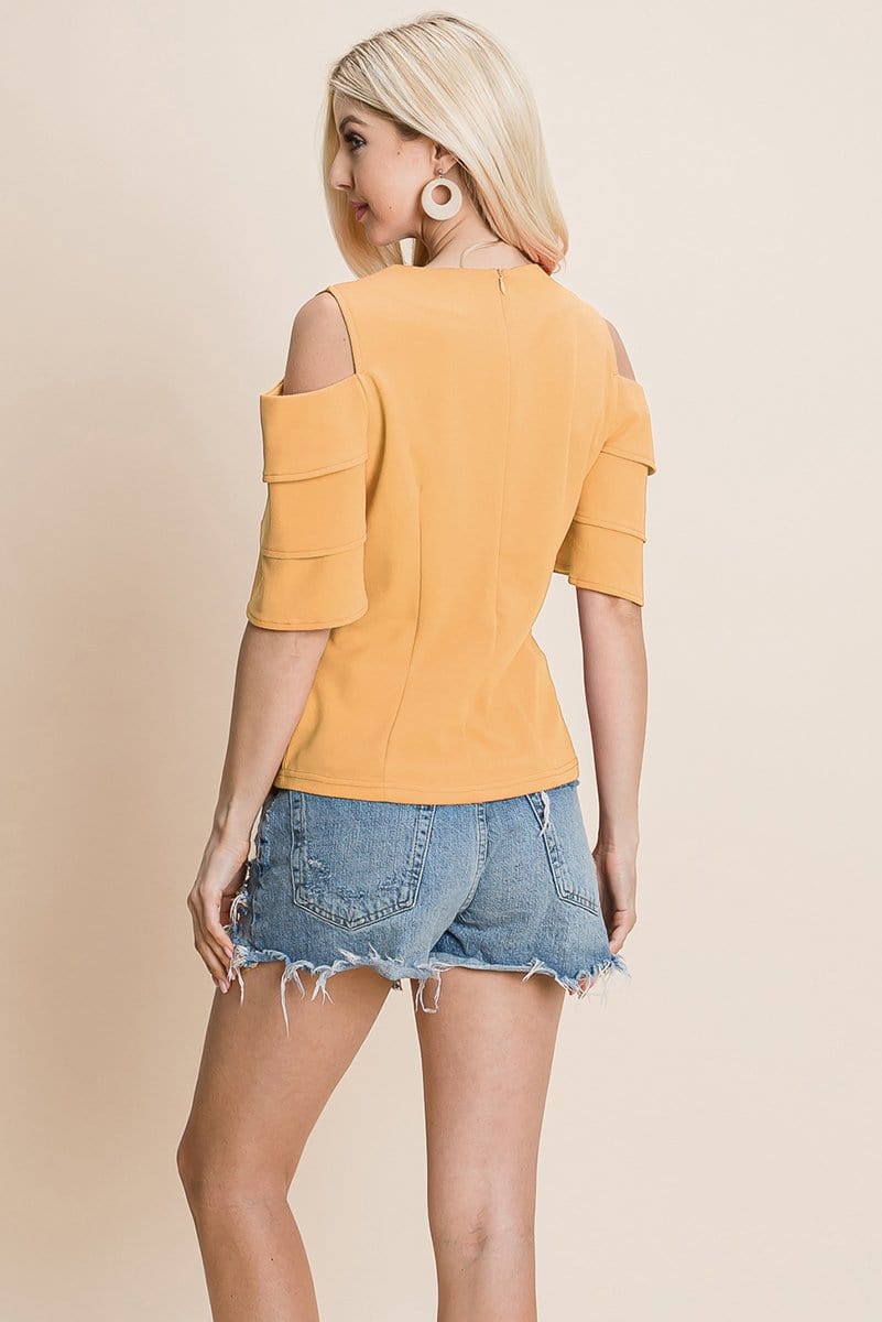 Multi Layered Flutter Short Sleeve Cold Shoulder Tops T Shirt Blouse | Apparel | Kitchen + Metal