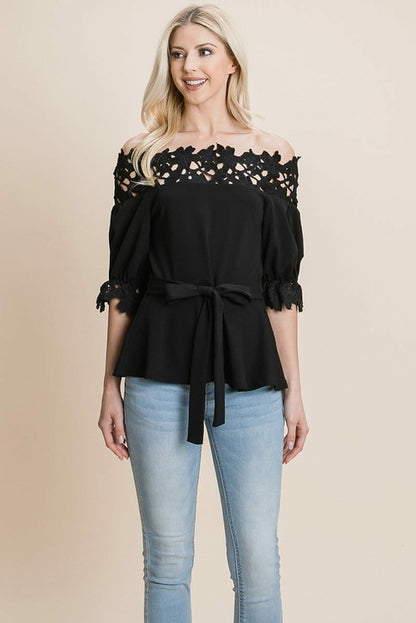 Lace Crochet Self Belted Off The Shoulder Tops with Back Zipper | Apparel | Kitchen + Metal