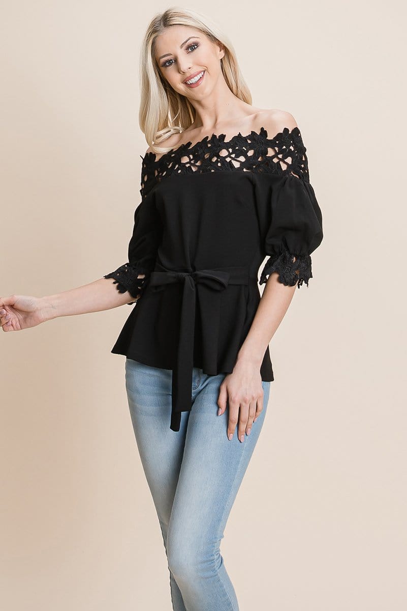 Lace Crochet Self Belted Off The Shoulder Tops with Back Zipper | Apparel | Kitchen + Metal