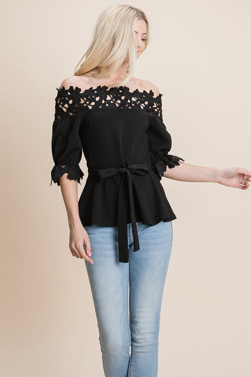 Lace Crochet Self Belted Off The Shoulder Tops with Back Zipper | Apparel | Kitchen + Metal