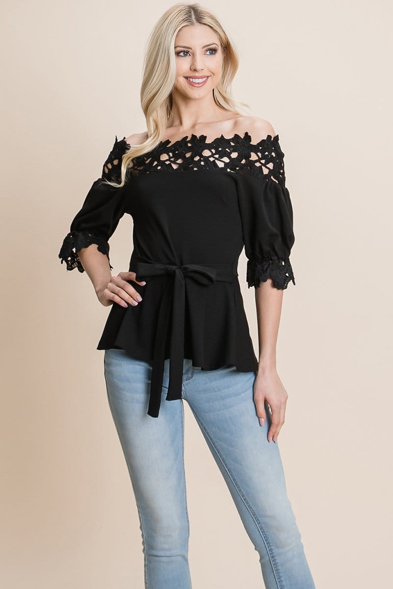 Lace Crochet Self Belted Off The Shoulder Tops with Back Zipper | Apparel | Kitchen + Metal