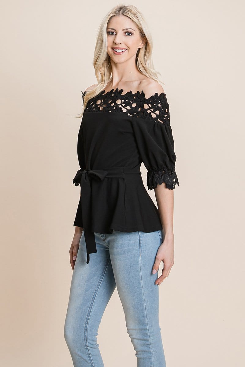 Lace Crochet Self Belted Off The Shoulder Tops with Back Zipper | Apparel | Kitchen + Metal