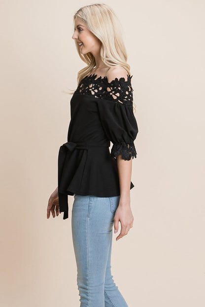 Lace Crochet Self Belted Off The Shoulder Tops with Back Zipper | Apparel | Kitchen + Metal
