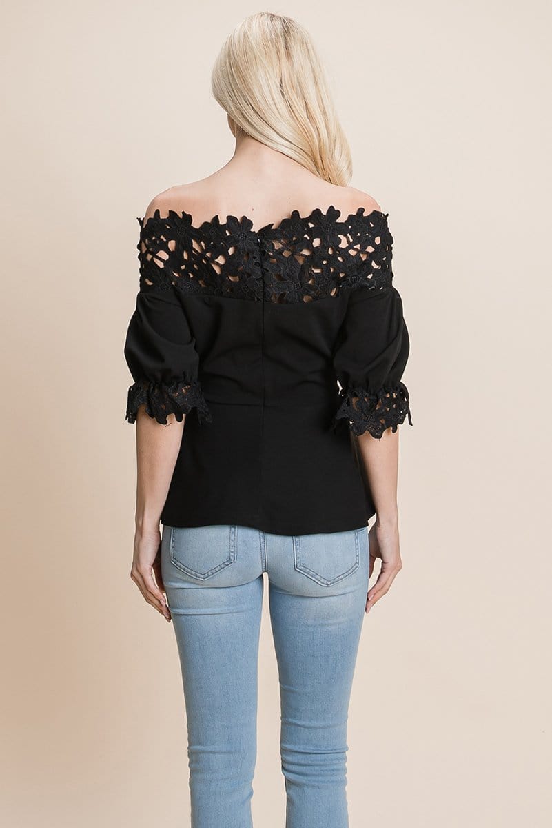 Lace Crochet Self Belted Off The Shoulder Tops with Back Zipper | Apparel | Kitchen + Metal