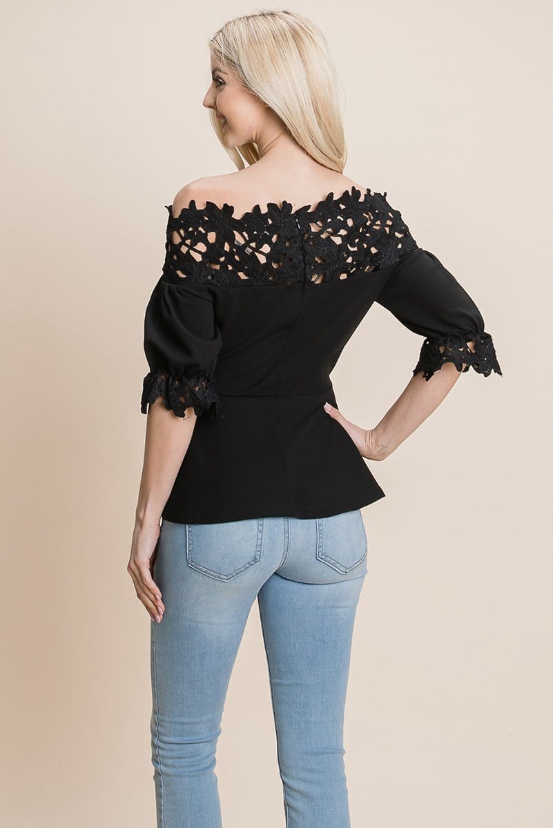 Lace Crochet Self Belted Off The Shoulder Tops with Back Zipper | Apparel | Kitchen + Metal