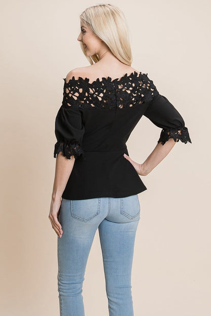 Lace Crochet Self Belted Off The Shoulder Tops with Back Zipper | Apparel | Kitchen + Metal
