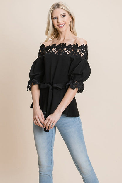 Lace Crochet Self Belted Off The Shoulder Tops with Back Zipper | Apparel | Kitchen + Metal