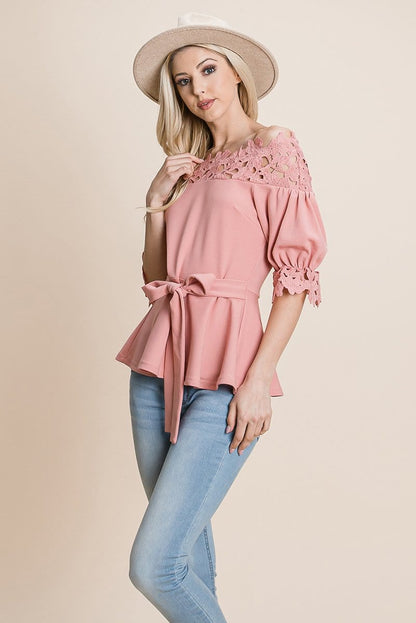 Lace Crochet Self Belted Off The Shoulder Tops with Back Zipper | Apparel | Kitchen + Metal