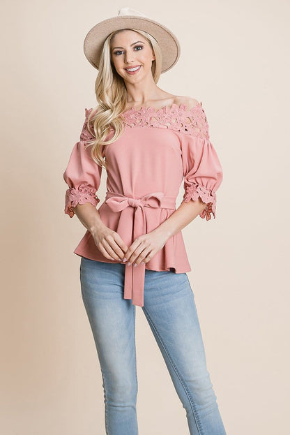 Lace Crochet Self Belted Off The Shoulder Tops with Back Zipper | Apparel | Kitchen + Metal