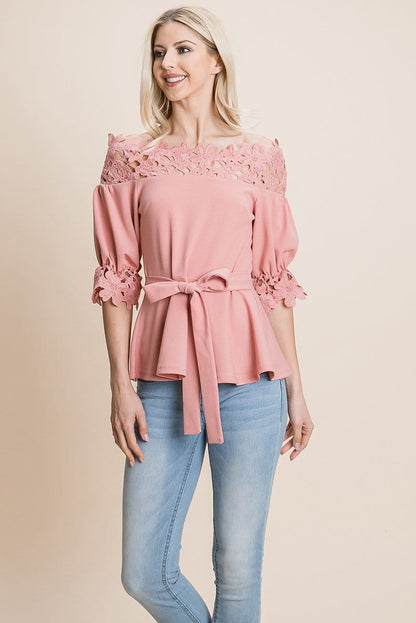 Lace Crochet Self Belted Off The Shoulder Tops with Back Zipper | Apparel | Kitchen + Metal
