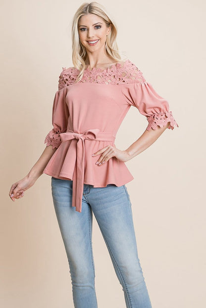 Lace Crochet Self Belted Off The Shoulder Tops with Back Zipper | Apparel | Kitchen + Metal