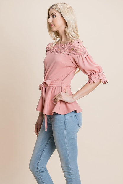 Lace Crochet Self Belted Off The Shoulder Tops with Back Zipper | Apparel | Kitchen + Metal