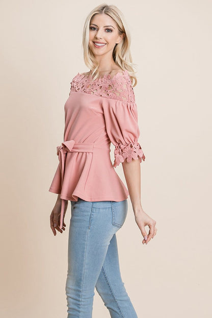 Lace Crochet Self Belted Off The Shoulder Tops with Back Zipper | Apparel | Kitchen + Metal