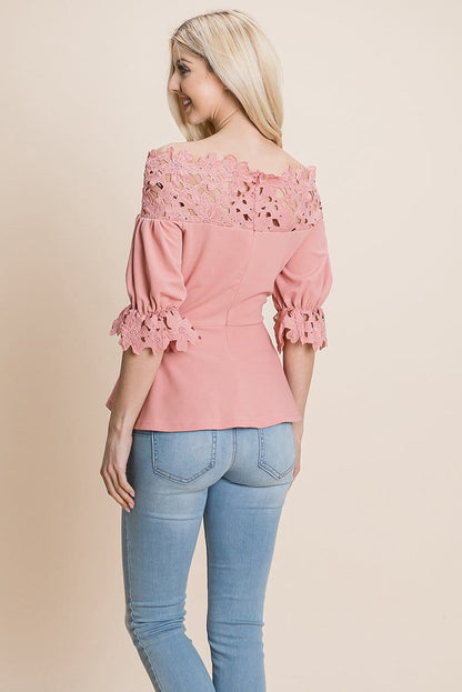 Lace Crochet Self Belted Off The Shoulder Tops with Back Zipper | Apparel | Kitchen + Metal
