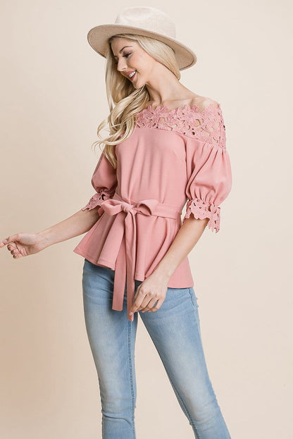 Lace Crochet Self Belted Off The Shoulder Tops with Back Zipper | Apparel | Kitchen + Metal