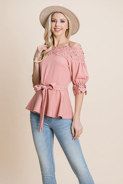 Lace Crochet Self Belted Off The Shoulder Tops with Back Zipper | Apparel | Kitchen + Metal