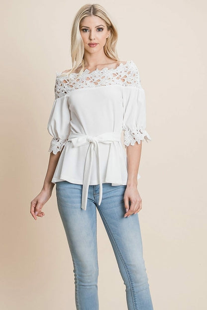 Lace Crochet Self Belted Off The Shoulder Tops with Back Zipper | Apparel | Kitchen + Metal