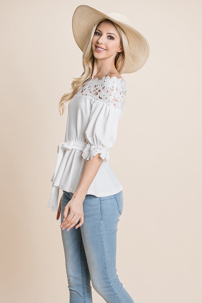 Lace Crochet Self Belted Off The Shoulder Tops with Back Zipper | Apparel | Kitchen + Metal